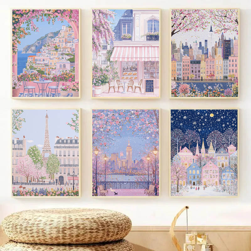 Photography Pose - 1pc Modern Cityscape Travel Mural Pink
